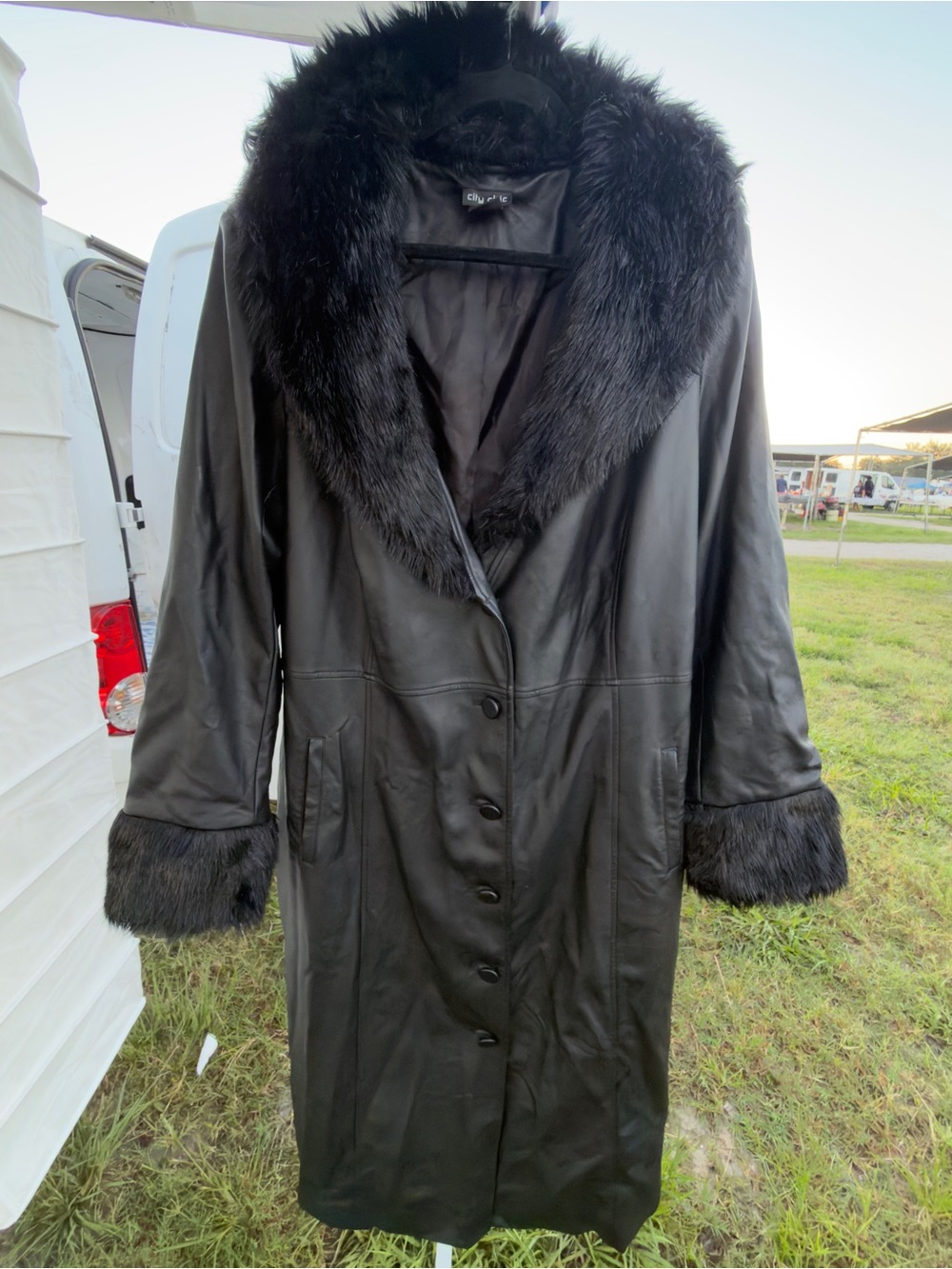 City Chic Black Leather Trench Coat with Faux Fur Trim